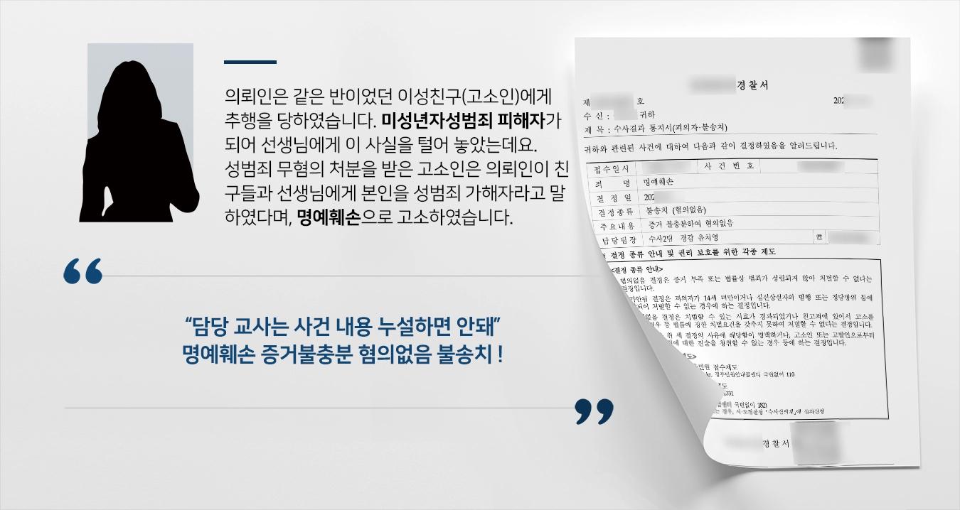 의뢰인은 같은 반이었던 이성친구(고소인)에게 추행을 당하였습니다. 미성년자성범죄 피해자가 되어 보건선생님에게 이 사실을 털어 놓았는데요. 성범죄 무혐의 처분을 받은 고소인은 의뢰인이 친구들과 선생님에게 본인을 성범죄 가해자라고 말하였다며, 명예훼손으로 고소하였습니다.   “담당 교사는 사건 내용 누설하면 안돼” 명예훼손 증거불충분 혐의없음 불송치 !